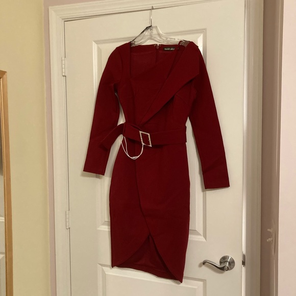 Lavish Alice Burgundy Oxblood Red Cocktail Dress Long Sleeve Cutout - Picture 4 of 7